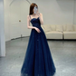 Elegant A line Straps Tulle Navy Blue Prom Dresses Formal Evening Dress Y6776