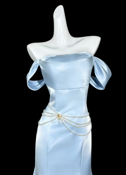 Elegant Blue Off The Shoulder Satin Mermaid Long Party Dress Prom Dress SP3509