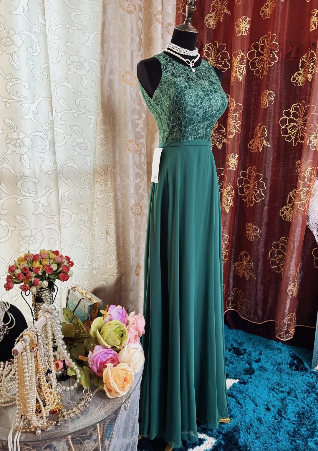 Vintage Green Sleeveless Lace Chiffon A Line Long Evening Dress Formal Wedding Guest Dress SP2385