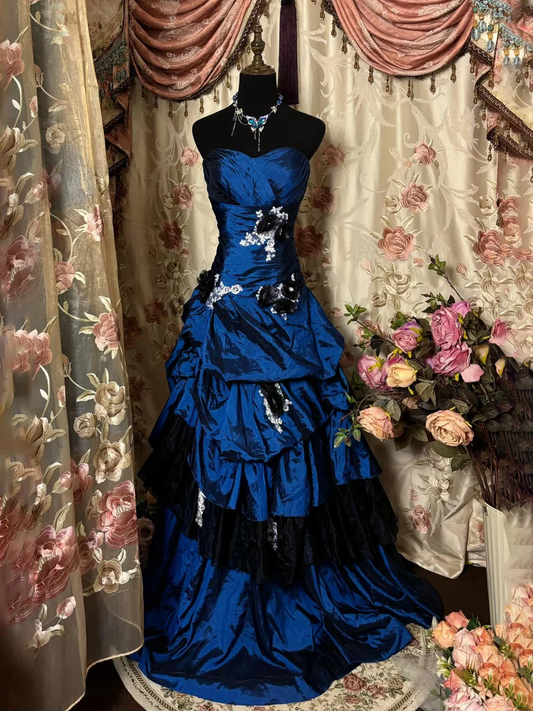 Retro Strapless Blue Satin Pleated Appliques Long Party Dress Prom Dresses SP1376