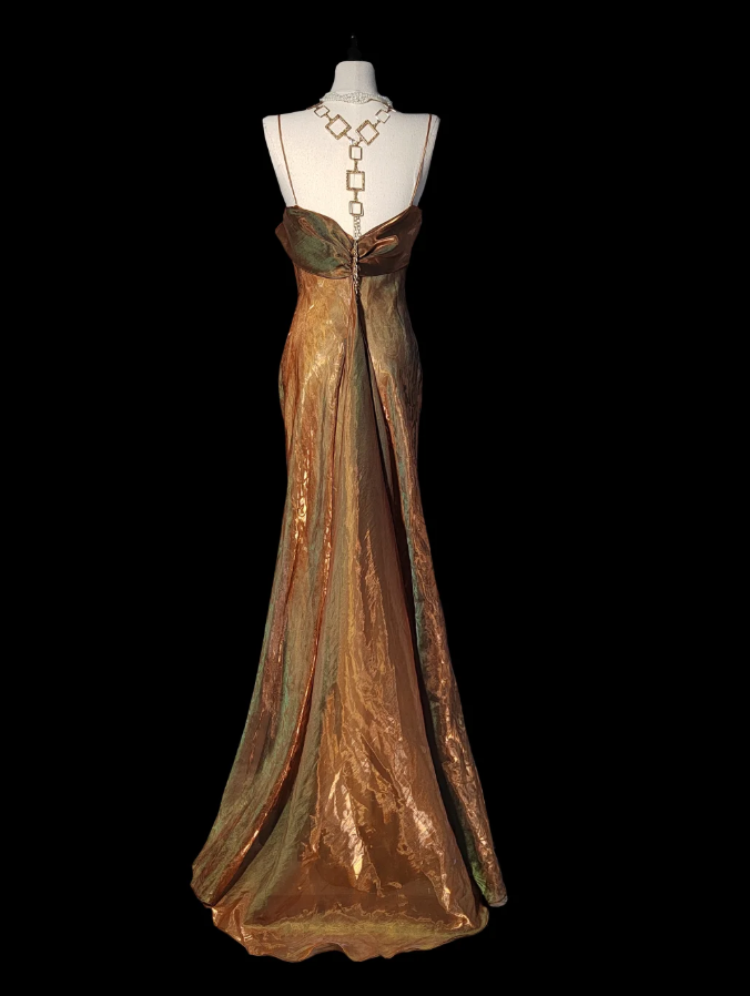 Vintage Spaghetti Straps Gold Satin Mermaid Evening Dress Long Prom Gown SP473