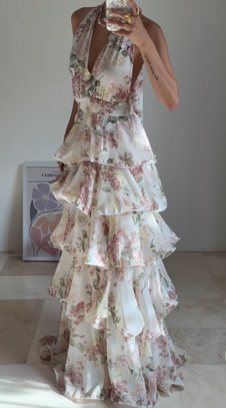 Glamorous Chiffon Print Floral A Line Backless Prom Dress,V Neck Halter Layered Evening Dress Y8501