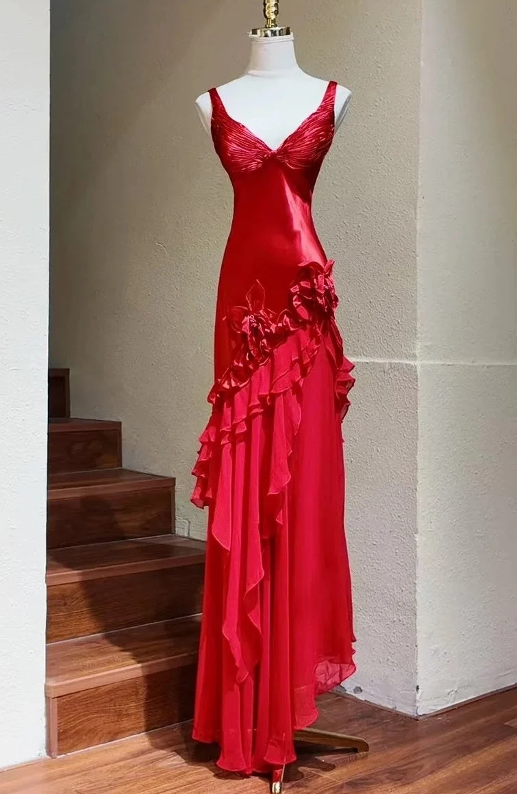 Vintage Red V Neck Satin Chiffon Ruffle Pleated Long Party Dress Prom Gown SP3846