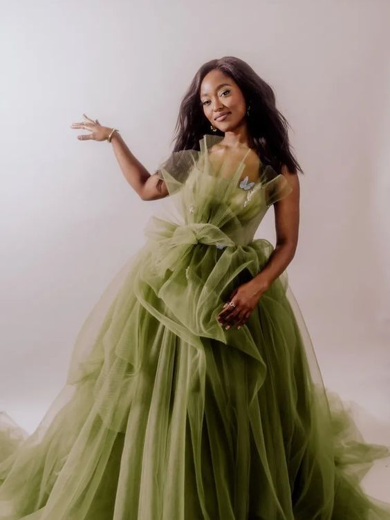 Elegant Green Tulle Spaghetti Straps A-Line Long Prom Dresses Formal Dress Y4377