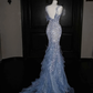 Gorgeous Blue Tulle Sequins Beaded Ruffles Mermaid Prom Dress,Formal Evening Dress Wedding Dress Y8671