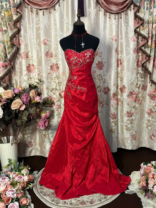 Elegant Sweetheart Neck Red Satin Sequin Prom Dresses With Appliques, Formal Long Mermaid Evening Dresses SP1601