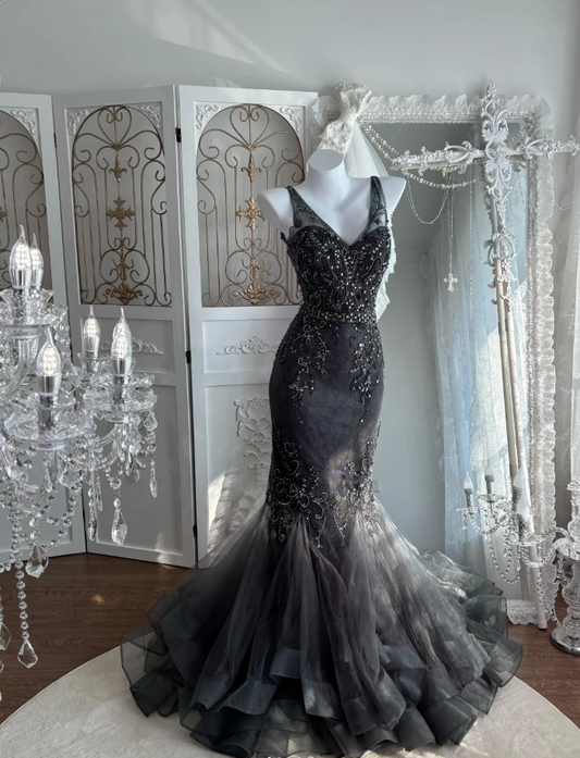 Fashion V Neck Black Tulle Beaded Mermaid Long Wedding Guest Dress Formal Birthday Party Dress Prom Gown  SP1451