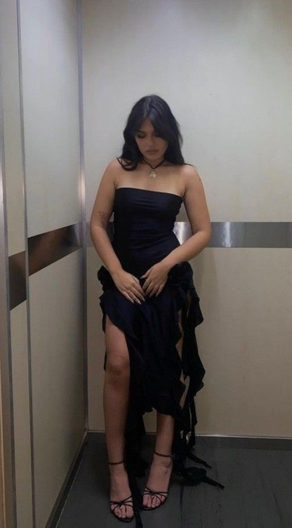 Black Sheath Ruffles Evening Dress Strapless Chiffon Prom Dress Y7765