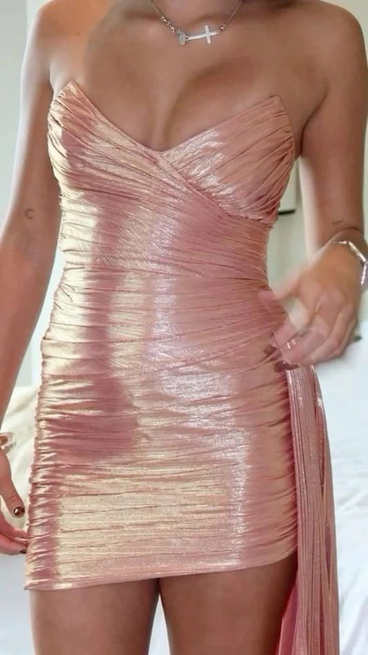 Elegant Pink Strapless Sheath Pleated SHort Cocktail Dress Formal Homecoming Dress Birthday Outfits Y9486