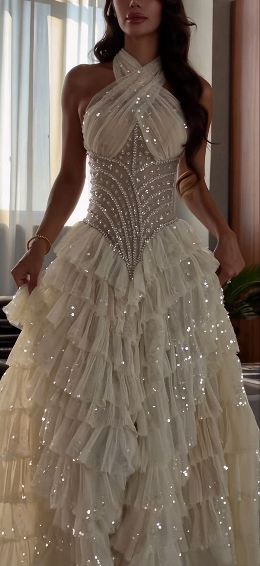 Glamorous Halter Tulle Sequin Beaded Layered Off White Long Wedding Dress SP4211