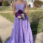 Pretty Lavender Spaghetti Straps A-Line 3D Lace Floral Long Prom Dress A Line Evening Dress Y7935