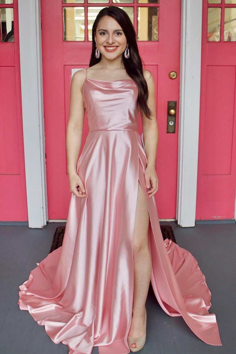 Cowl Neck Green Satin A-Line Formal Dress with Slit,Modest Prom Dress Y1884