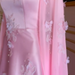 Luxury Pink Satin Long A Line Evening Dress Pretty Appliques Prom Dress  Y7591