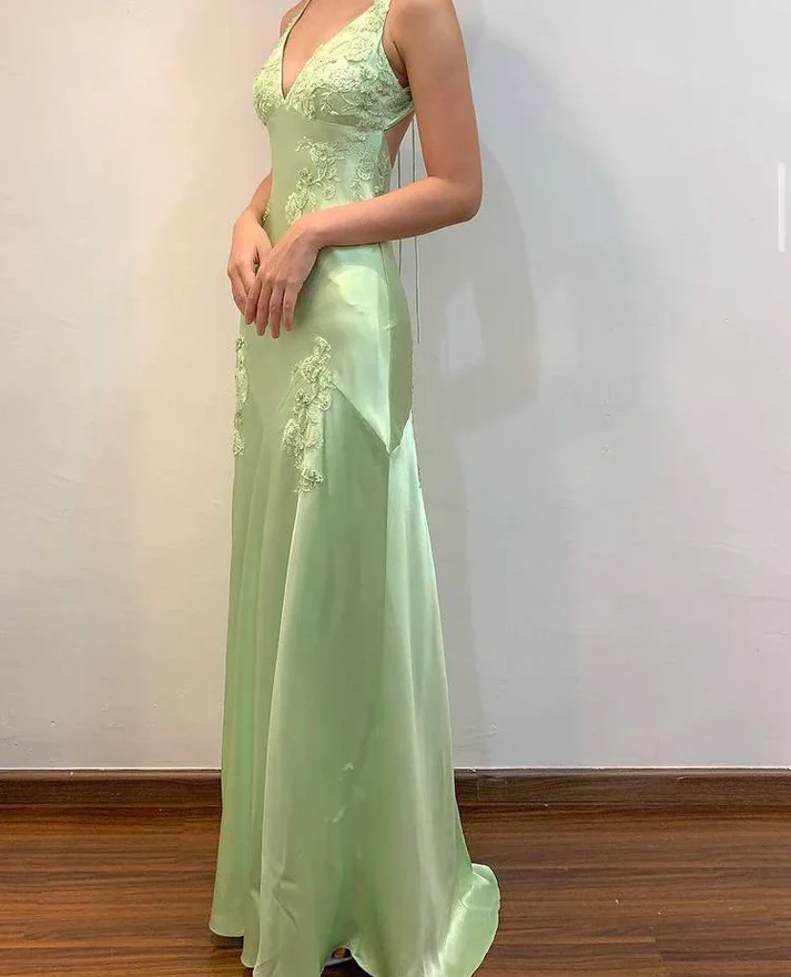 Fashion Mint Green Spaghetti Straps Lace Beaded Prom Dress Evening Party Gown Y7530