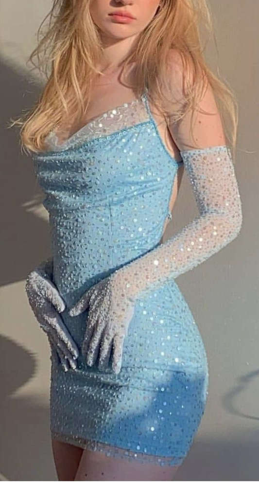 Pretty Blue Sequin Sheath Cocktail Dress Formal Short 8th Grade Homecoming Dress With Gloves Y9300