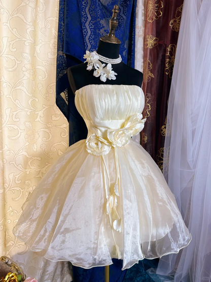 Sweet Light Champagne Strapless Organza 3D Floral A Line Short 17th Birthday Outfits Homecoming Dress SP2193