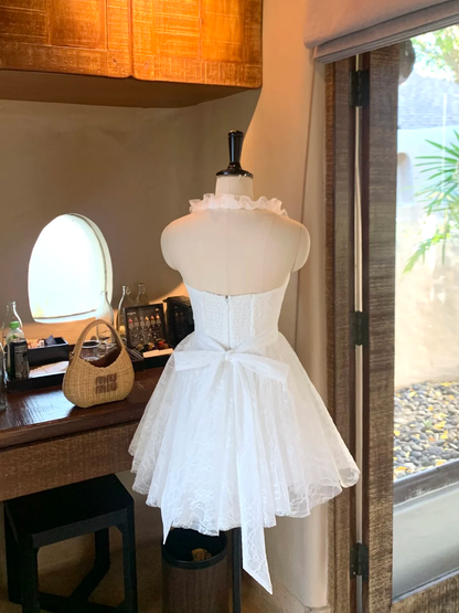 Elegant White Halter V Neck Lace A Line Mini Cocktail Dress Formal 7th Grade Homecoming Dress SP2361