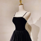 A-line Black Velvet Long Prom Dress, Black Formal Graduation With Pearls Y2033