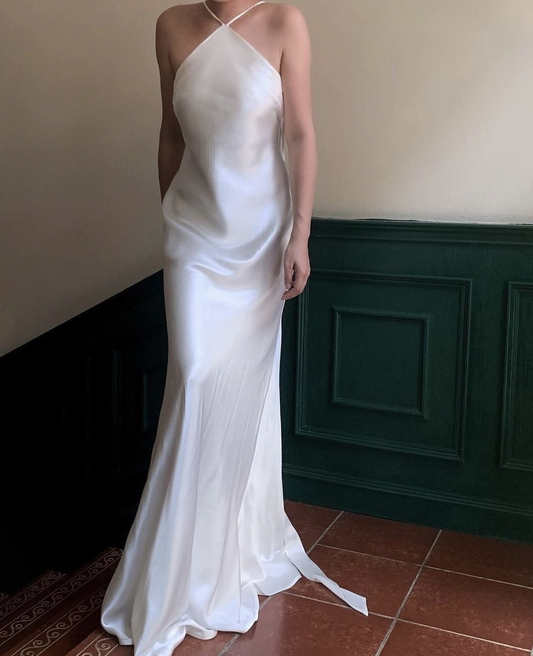 Simple Halter Satin Long Wedding Guest Dress,White Mermaid Party Dress Prom Gown SP2490