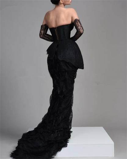 Vintage Black Lace Evening Dress,Black Gala Dress Y1910