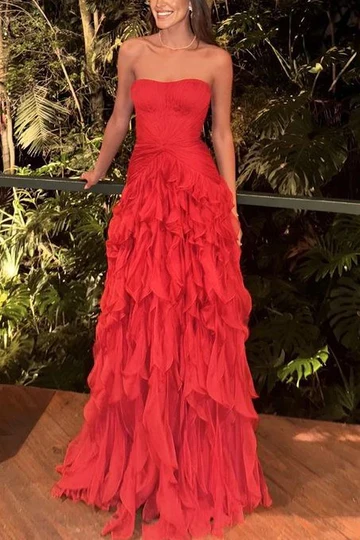 Charming Red Chiffon Ruffles A-Line Empire-Waist Long Prom Dress Strapless Birthday Evening Dress SP2108
