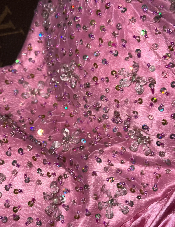 Charming Pink Strapless Satin Beaded Mermaid Evening Dress Birthday Prom Gown SP729