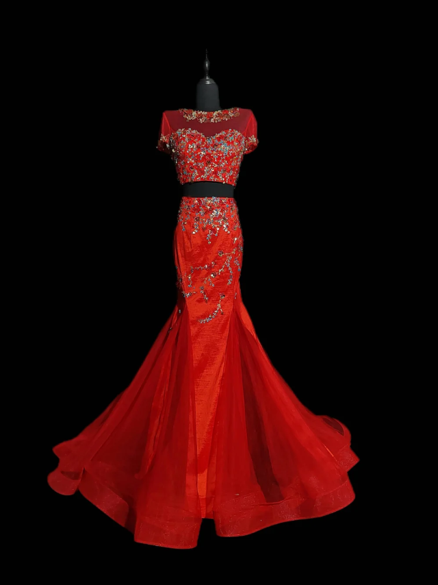 Pretty Red Tulle Sequin Beaded Mermaid Evening Dress Long Prom Gown Two Piece SP433