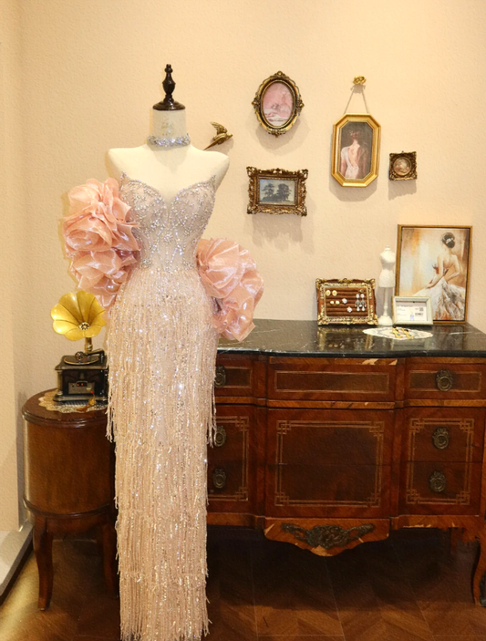 Gorgeous Pink Strapless Sequin Beaded Sheath Long Evening Dress Birthday Dress SP1658