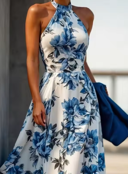 New Arrive Sleeveless Satin Floral Print Halter Neck A Line Evening Dress,Blue Prom Dress Y8480