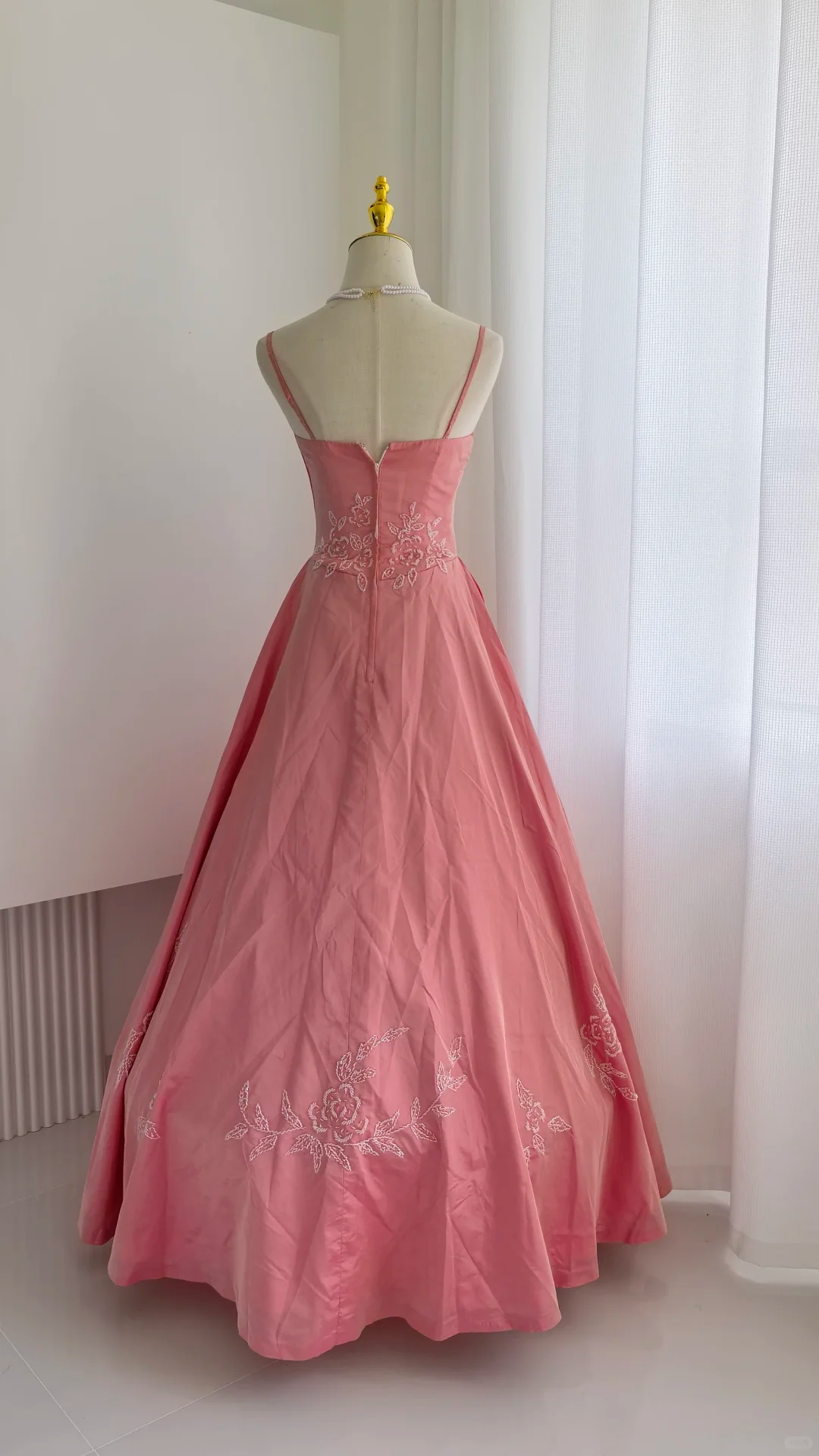 Glamorous Spaghetti Straps Pink Satin Beaded Long Party Dress Formal Wedding Guest Dress SP2325