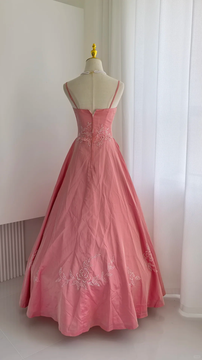 Glamorous Spaghetti Straps Pink Satin Beaded Long Party Dress Formal Wedding Guest Dress SP2325