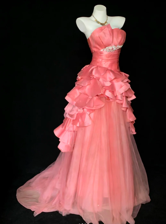 Sweet Peach Pink Satin Ruffles Tulle Mermaid Evening Dress Long Birthday Prom Gown With Beads SP1849