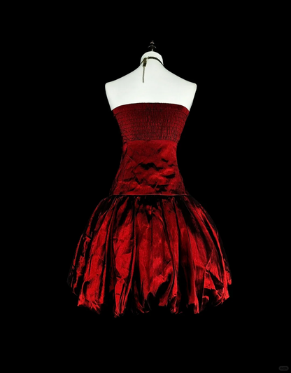 Sexy Red Satin Pleated Rose Floral A Line Short 9th Grade Homecoming Dress,Strapless Short Prom Dress SP3392