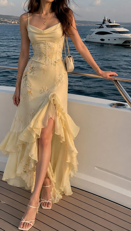Spaghetti Straps Satin Floral Chiffon Ruffle Mermaid Prom Gown,Yellow Long Party Dress SP2544