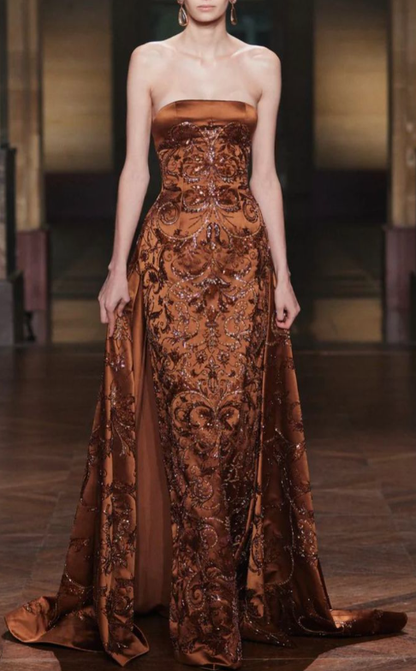 Vintage Strapless Satin Sequin Beaded Long Prom Dress Formal Evening Gown SP558