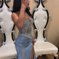 Elegant Blue Strapless Satin Beaded Slit Mermaid Long Wedding Guest Dress Formal Party Dress SP1352
