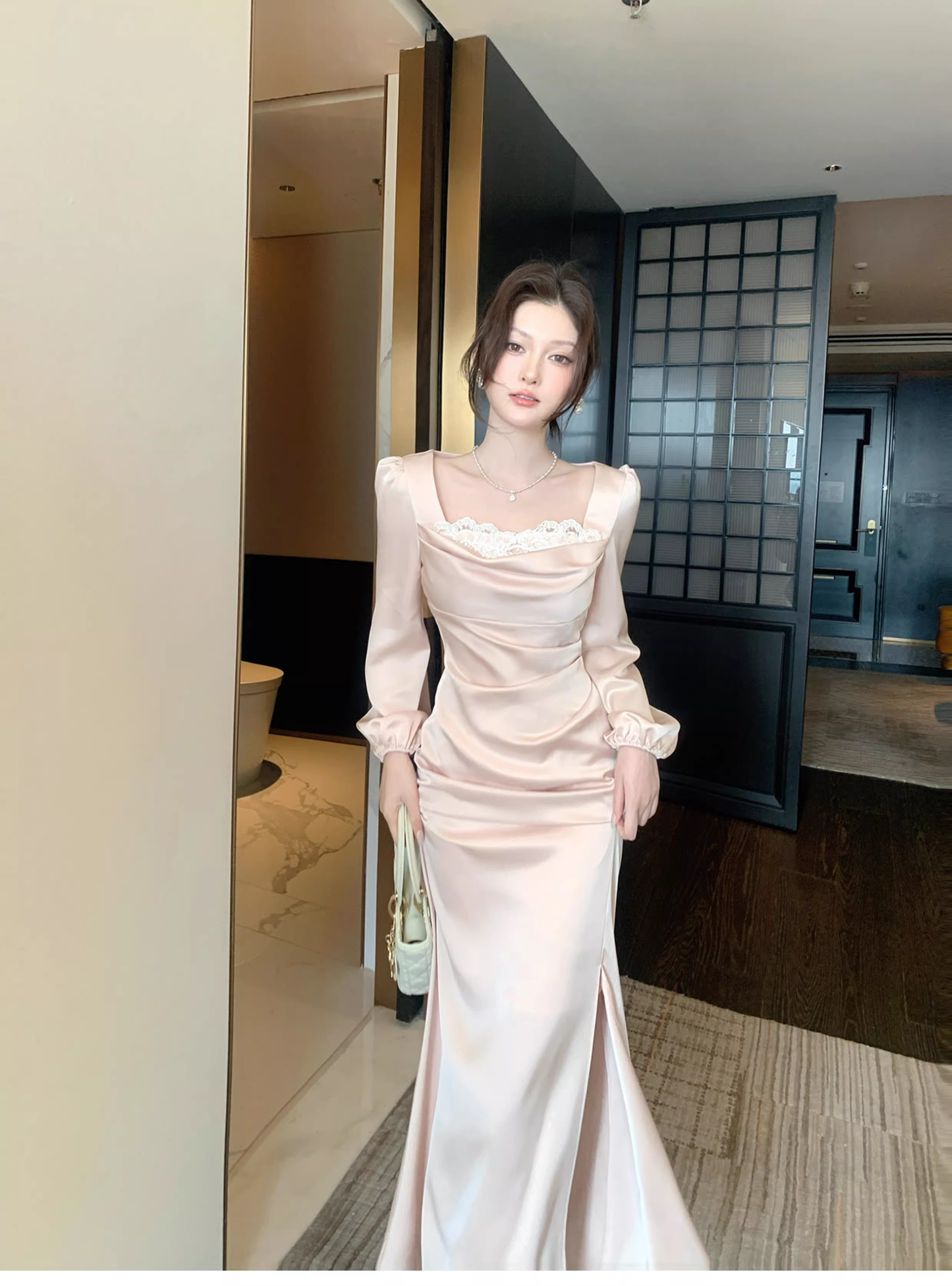 Sweet Lace Neck Pink Satin Mermaid Long Wedding Dress Formal Evening Dress Birthday Dress SP1541