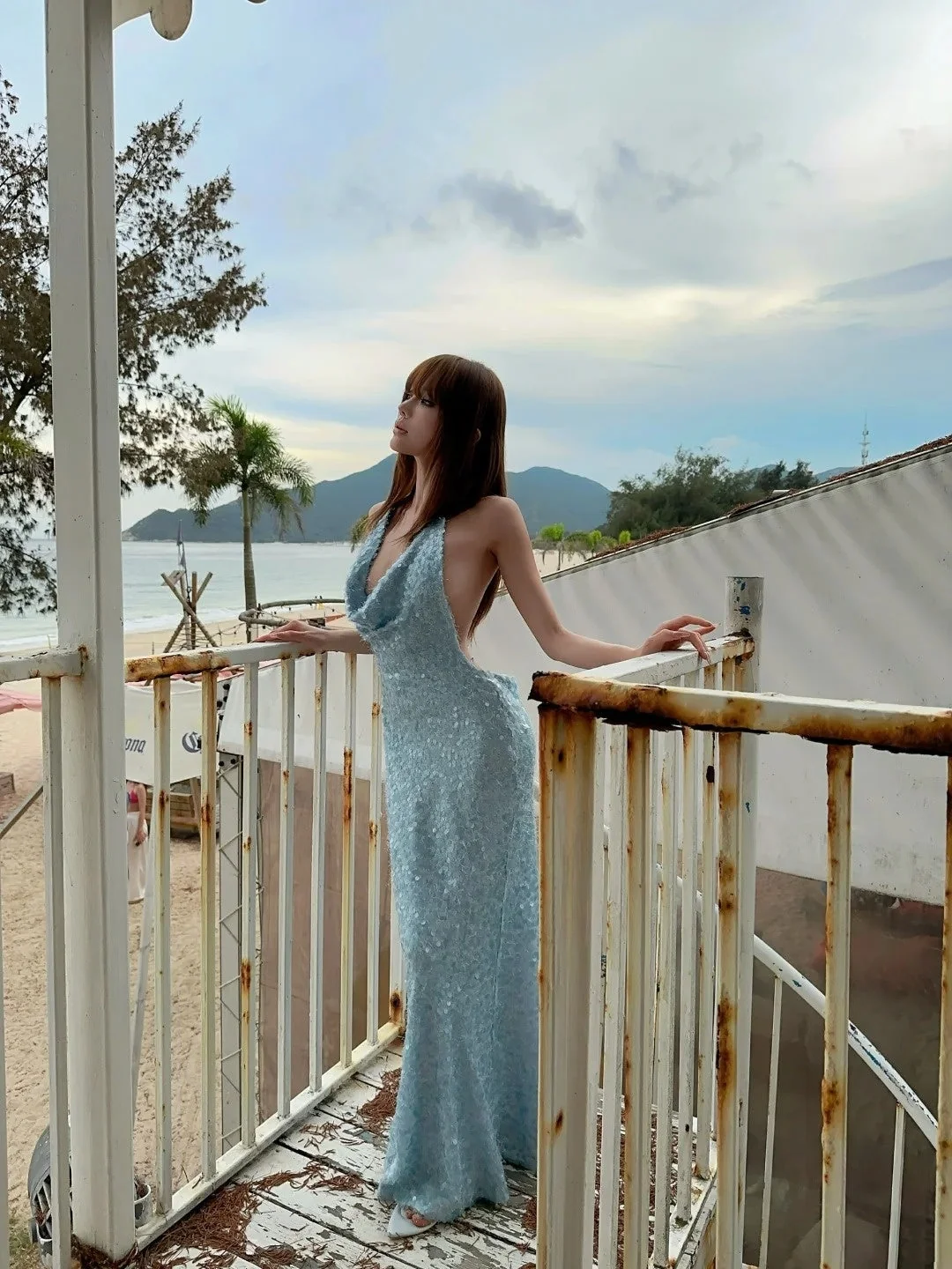Glitter Halter Light Blue Sequin Mermaid Long Prom Dresses Party Dress SP3981