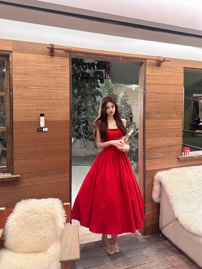 Charming Halter A Line Satin Long Prom Dress Red Evening Dress Birthday Dress SP2297