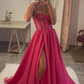 Hot Pink A Line Lace Bodice Side Slit Prom Dress Evening Gowns Y6808