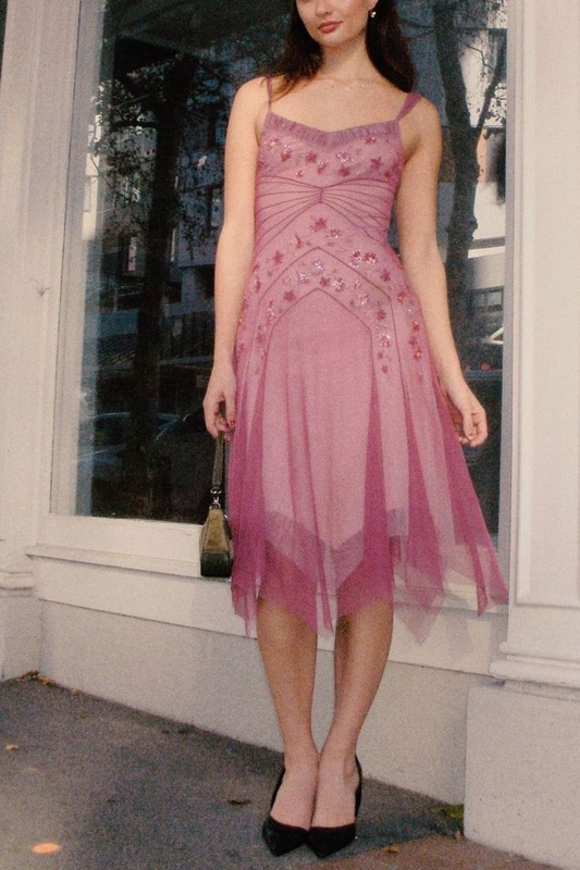 Pretty Spaghetti Straps Pink Tulle Beaded Mid-Length A Line Birthday Prom Dress Evening Gowns SP2105