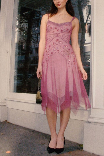 Pretty Spaghetti Straps Pink Tulle Beaded Mid-Length A Line Birthday Prom Dress Evening Gowns SP2105