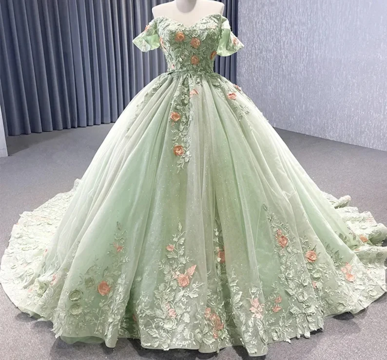 Matcha Green Off The Shoulder Floral Appliqus Shimmering Lace Up Back Simplepromdress Matcha Green Off The Shoulder Floral Appliqus Shimmering Lace Up Back Simplepromdress