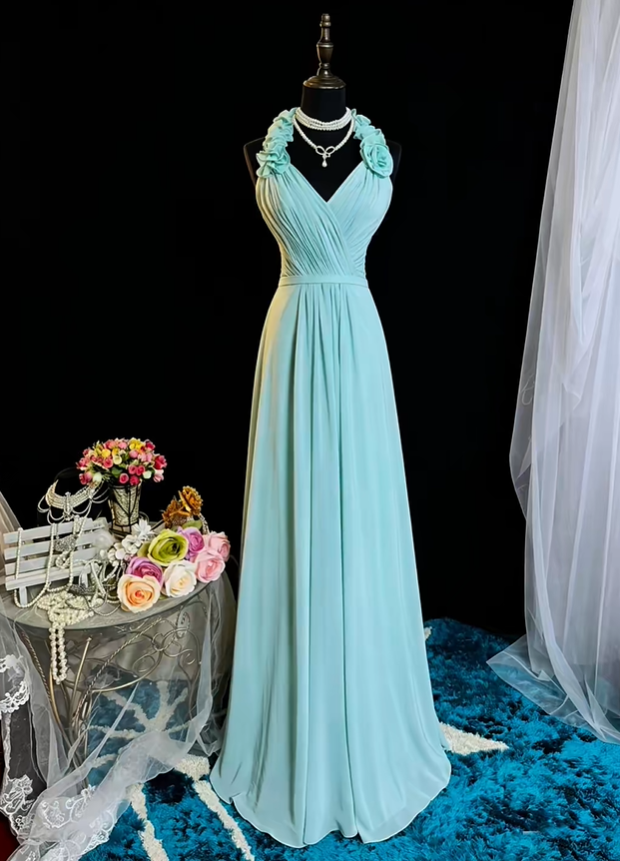 Elegant Mint Green Chiffon A Line Long Wedding Guest Dress Halter V Neck Long Evening Dress SP2372