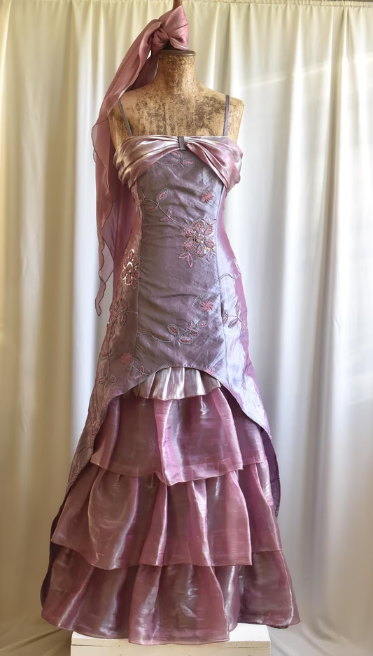 Retro Spaghetti Straps Purple Satin Organza Pleated Layered Mermaid Prom Dress Long Party Dress SP1366