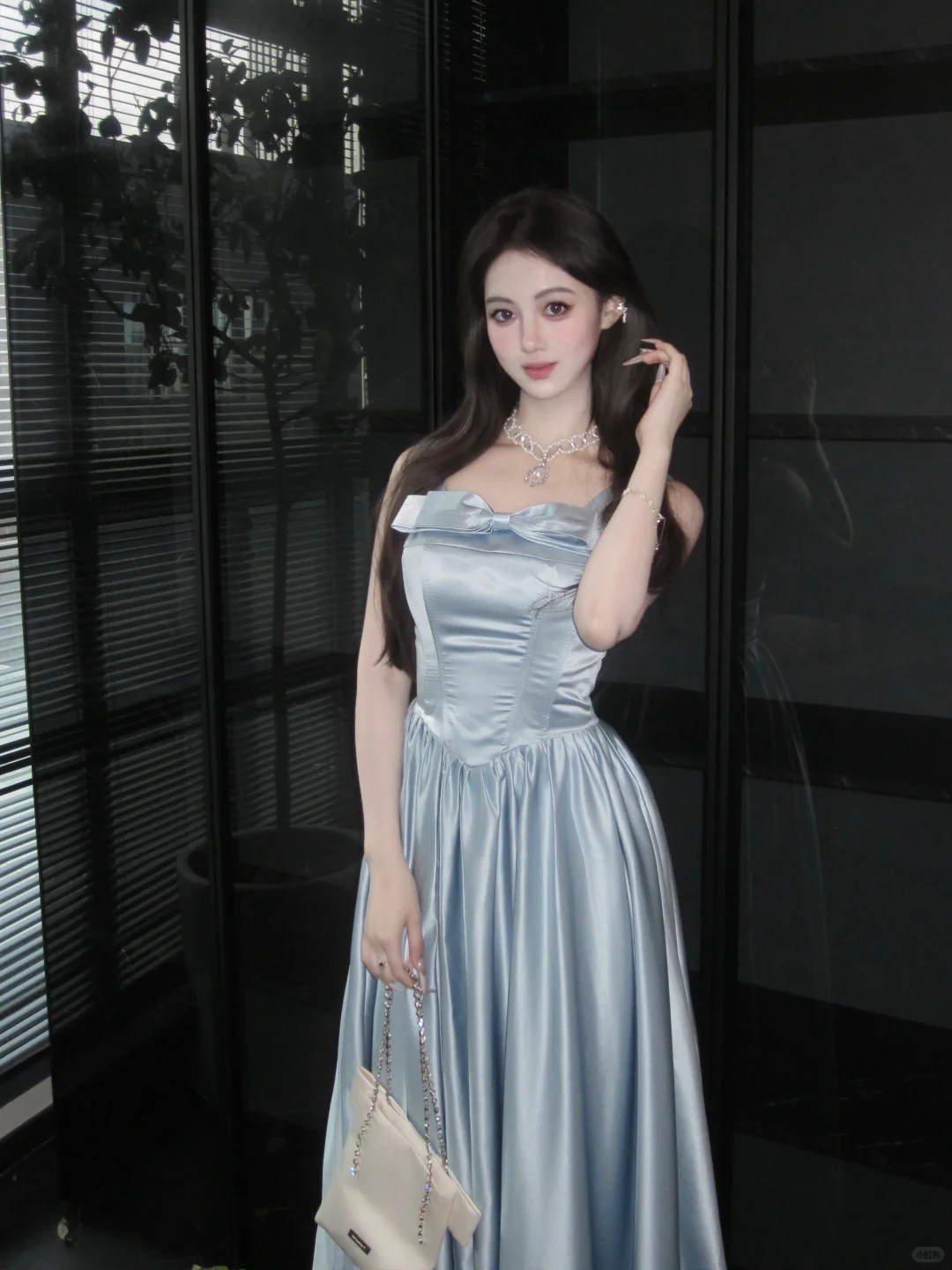 Elegant Blue Bow Satin Tulle A Line Long Birthday Outfits Formal Party Dress Prom Dress SP2091