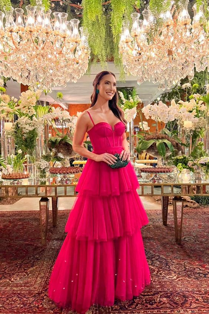 Lovely A-Line V Neck Neck Hot Pink Tulle Tiered Long Prom Dress Y6796