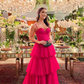 Lovely A-Line V Neck Neck Hot Pink Tulle Tiered Long Prom Dress Y6796