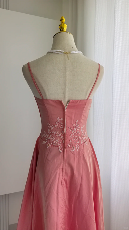 Glamorous Spaghetti Straps Pink Satin Beaded Long Party Dress Formal Wedding Guest Dress SP2325