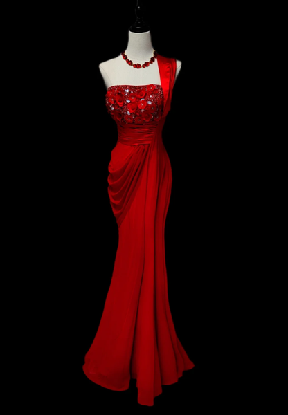 Red One Shoulder Satin Beaded Appliques Mermaid Prom Dress Beautiful Party Gown SP507
